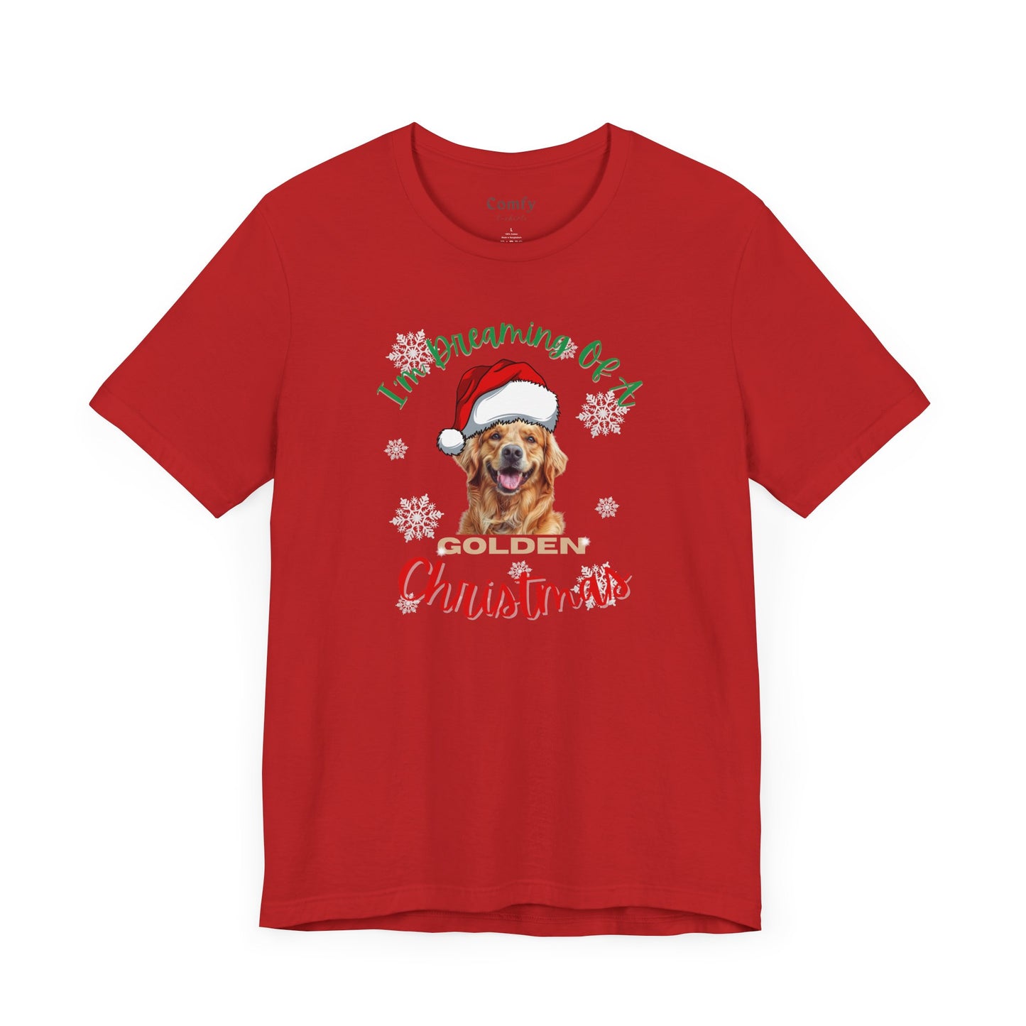 I'm Dreaming Of A Golden Christmas. Unisex Tee with A Golden Retriever Santa Hat Design