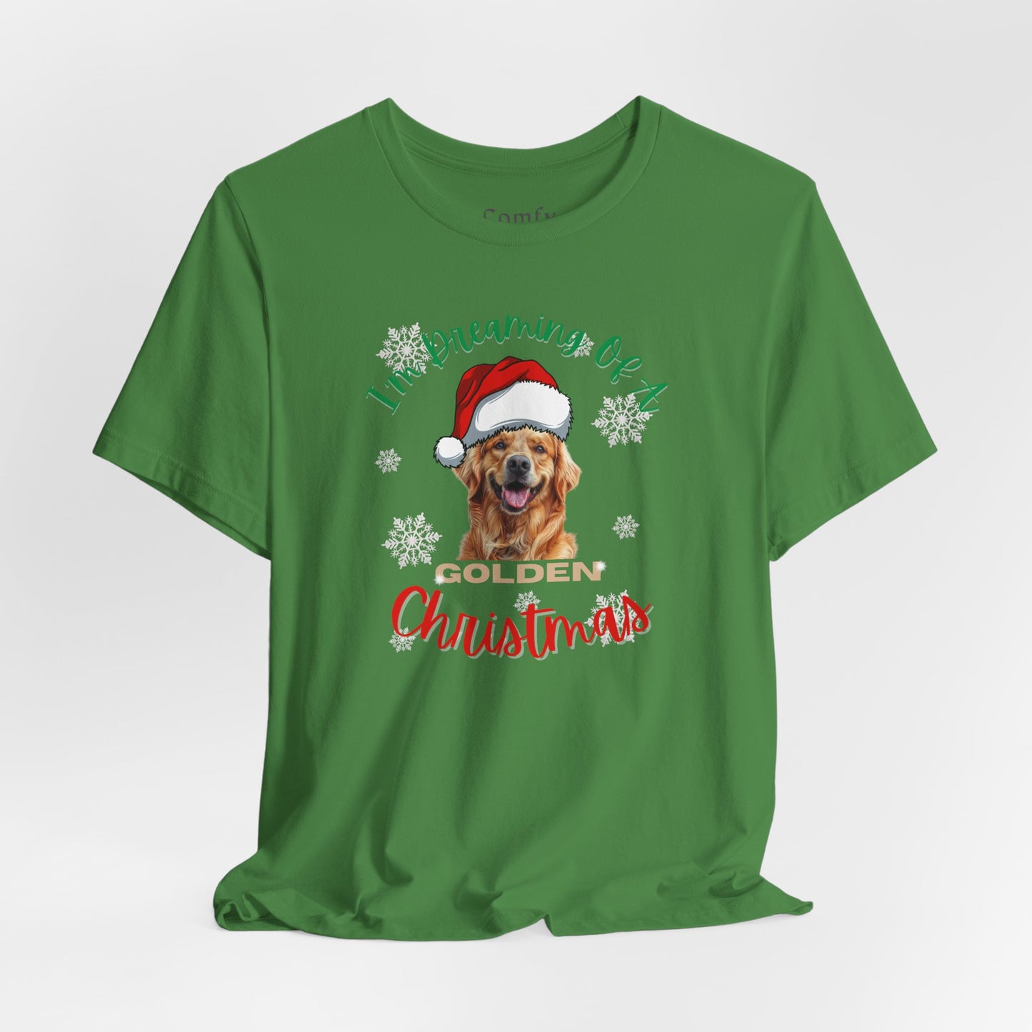 I'm Dreaming Of A Golden Christmas. Unisex Tee with A Golden Retriever Santa Hat Design